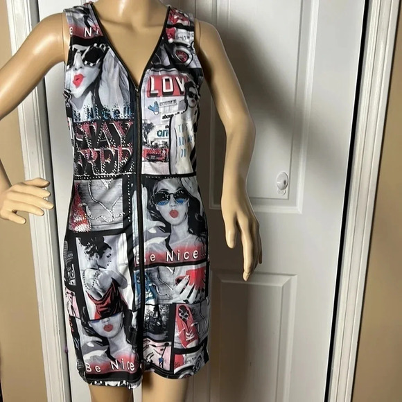 Graphic collage design dress,beads ,pop art design print retro vibe, Sm.,artsy, - Picture 3 of 17